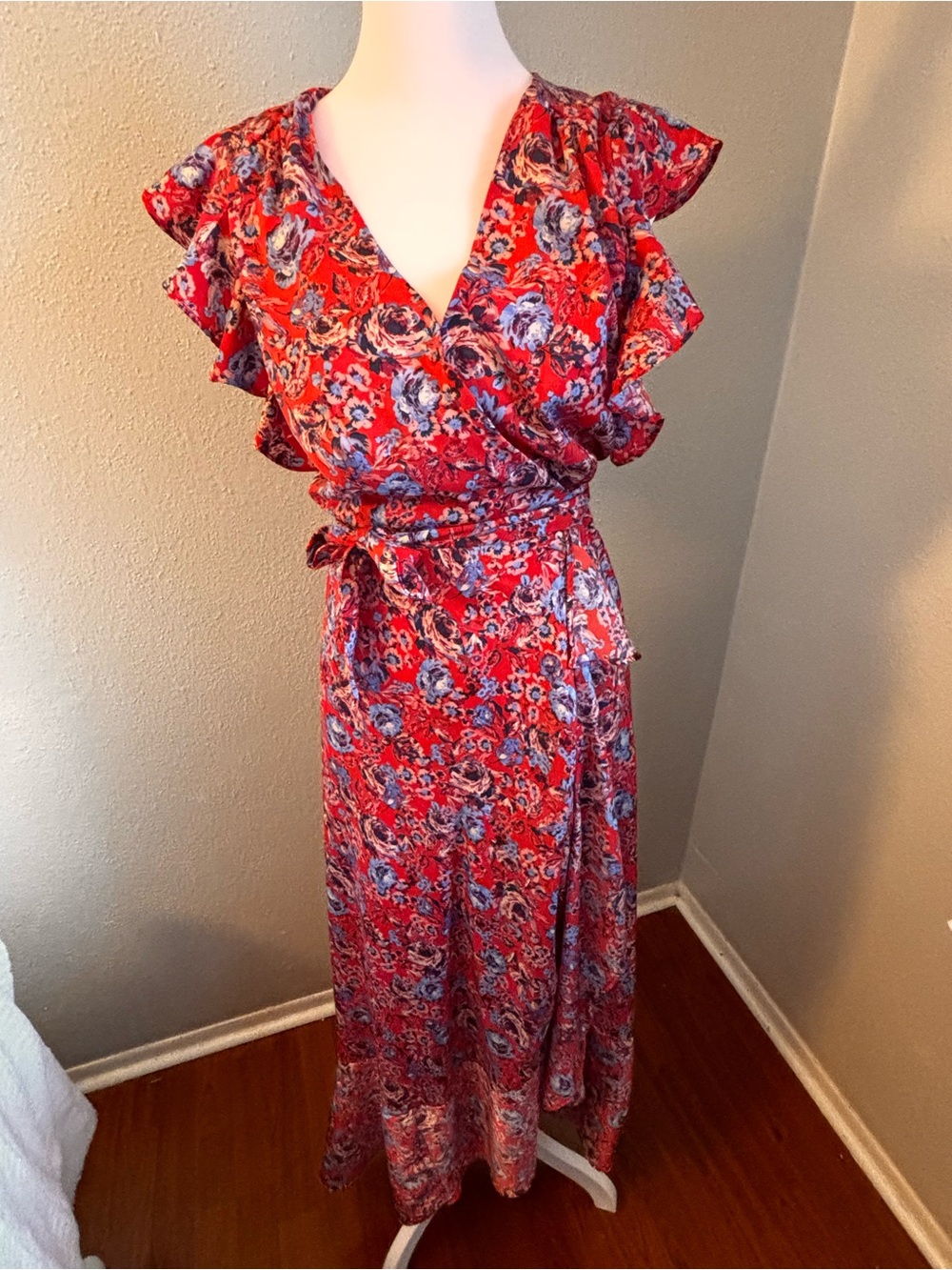 Ava and Aiden Red Floral Wrap Maxi Dress Y2K Party Cottagecore boho